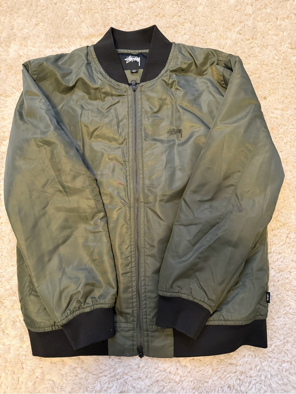 Stussy Olive Green Bomber Jacket with Black Trim